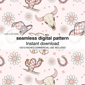 Puede incluir: Un patrón digital sin costuras con sombreros de vaquero rosa y blanco, cactus, calaveras, herraduras y margaritas sobre un fondo rosa. El texto "seamless digital pattern" y "Instant download" está incluido en la imagen.