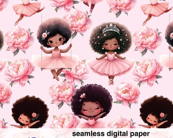 African American ballerina girl digital paper, pink and silver seamless paper, cute ballerina girl, ballet paper, for commercial use