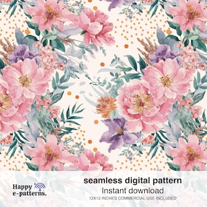 Puede incluir: Un patrón digital sin costuras con flores de acuarela en tonos rosa, morado y verde. El diseño floral incluye peonías y otras flores, sobre un fondo crema con lunares dorados. El patrón mide 30,48 cm x 30,48 cm.