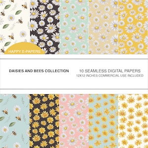 Puede incluir: Un conjunto de 10 papeles digitales con margaritas y abejas. Los papeles miden 30,5 x 30,5 cm y son perfectos para manualidades y scrapbooking.