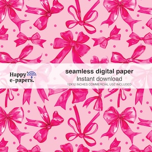 Puede incluir: Un patrón de papel digital sin costuras con lazos rosas de acuarela sobre un fondo rosa claro. El patrón mide 12 pulgadas por 12 pulgadas y es para uso comercial.