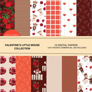 Paquet de papier numérique Little Mouse de la Saint-Valentin | Papier numérique sans couture, roses, Saint-Valentin, papier sans couture, cœurs, téléchargement instantané