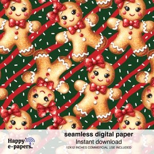 Puede incluir: Papel digital sin costuras con un patrón repetido de hombrecitos de jengibre con pajaritas y lazos rojos, sobre un fondo verde con rayas rojas y puntos blancos. Las figuras de jengibre tienen caras sonrientes. El texto "papel digital sin costuras" es visible.