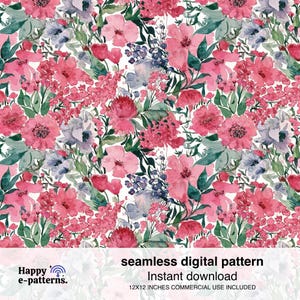 Puede incluir: Un patrón digital sin costuras con un diseño floral en acuarela. El patrón incluye flores rosas, rojas y moradas con hojas verdes sobre un fondo blanco. Se incluye el texto "seamless digital pattern" y "Instant download".