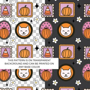 Puede incluir: Patrón repetitivo con ilustraciones de Halloween. El diseño incluye calabazas naranjas, caramelos de maíz y una cara de gato blanco. El patrón está sobre un fondo transparente y gris oscuro, con flores blancas y estrellas negras.