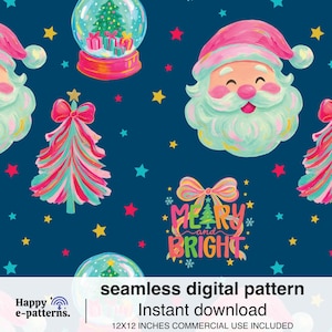 Puede incluir: Un patrón digital sin costuras con Papá Noel, árboles de Navidad, bolas de nieve y estrellas en tonos rosa, azul y verde sobre un fondo azul marino. El texto "Merry and Bright" está incluido. El patrón mide 30,48 cm x 30,48 cm.