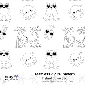 Puede incluir: Patrón digital sin costuras en blanco y negro con osos, pulpos y piñas de dibujos animados. Los osos llevan gafas de sol en forma de corazón. El patrón incluye el texto "Happy e-patterns" y "patrón digital sin costuras".