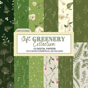 Puede incluir: Un conjunto de 12 papeles digitales con varios patrones florales verdes y blancos. Los papeles miden 30,5 x 30,5 cm y son para uso comercial. El texto "Soft Greenery Collection" se muestra en la imagen.