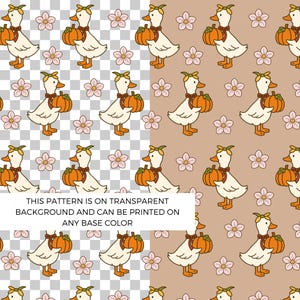 Puede incluir: Patrón repetitivo con patos de dibujos animados sosteniendo calabazas, con acentos florales. Los patos son de color crema con picos y patas naranjas, con cintas para la cabeza y lazos. Las calabazas son naranjas y las flores rosas.