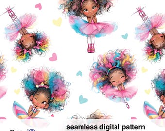 May include: A seamless digital pattern featuring a repeating design of cute cartoon girls with rainbow hair wearing pink tutus and ballet shoes. The background is white with scattered hearts.