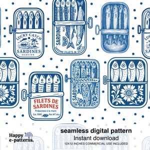May include: A seamless digital pattern featuring blue and white sardine tins with various designs and text. The tins display illustrations of fish, floral elements, and the words "Sardines" and "Filets de Sardines". The pattern includes the text "Happy e-patterns."