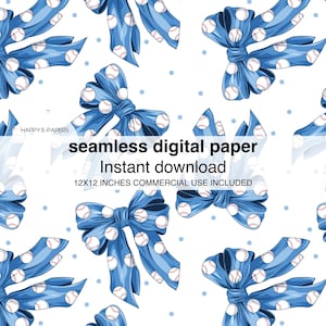 Puede incluir: Papel digital sin costuras con un patrón de lazos azules adornados con pelotas de béisbol. Los lazos están sobre un fondo blanco con lunares azules. El texto dice "papel digital sin costuras, descarga instantánea, 12x12 pulgadas uso comercial incluido."
