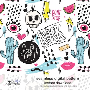 Puede incluir: Patrón digital sin costuras con un fondo blanco con ilustraciones de dibujos animados de una calavera, cactus, labios y un gesto con la mano. La palabra "ROCK" se muestra de forma destacada, junto con otros gráficos. El patrón incluye el texto "DONT STOP".