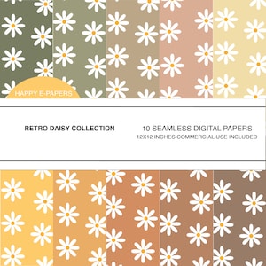 Puede incluir: Diez diseños de papel digital con un patrón de margarita retro en varios colores, incluyendo amarillo, marrón, verde y melocotón. Cada diseño mide 30,5 x 30,5 cm e incluye uso comercial.