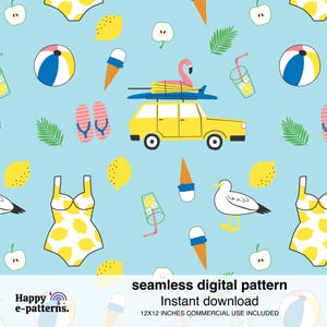 Puede incluir: Un patrón digital sin costuras que presenta un coche amarillo con un flamenco rosa en el techo, limones, conos de helado, chanclas, una pelota de playa, una gaviota y un vaso de limonada. El patrón está sobre un fondo azul claro. El texto "seamless digital pattern" y "Instant download" está en la parte inferior de la imagen. El texto "12X12 INCHES COMMERCIAL USE INCLUDED" está debajo del texto "Instant download".