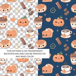 Puede incluir: Patrón repetitivo con ilustraciones de calabazas, donuts, tazas de café, porciones de tarta, palitos de canela y granos de café. El patrón está sobre un fondo transparente y se puede imprimir sobre cualquier color base.