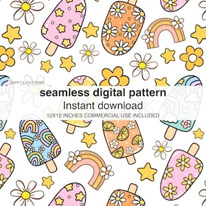 Puede incluir: Un patrón digital sin costuras que presenta ilustraciones coloridas de paletas de helado con varios diseños, incluyendo arcoíris, margaritas, estrellas y rodajas de cítricos. El patrón mide 12 pulgadas por 12 pulgadas y está disponible para uso comercial.