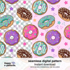 Könnte beinhalten: Nahtloses digitales Muster mit bunten Donuts mit Streuseln und Sternformen. Donuts haben rosa, lila, türkis und Schokoladen-Glasur. Das Muster befindet sich auf einem rosa und transparenten Hintergrund. Text: "nahtloses digitales Muster" und "Sofort-Download".