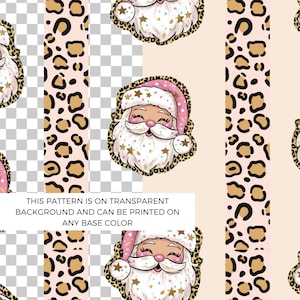Puede incluir: Patrón repetitivo con Papá Noel con sombrero rosa y detalles de estampado de leopardo. El diseño incluye rayas verticales con manchas de leopardo y el texto: "ESTE PATRÓN ESTÁ SOBRE FONDO TRANSPARENTE Y SE PUEDE IMPRIMIR EN CUALQUIER COLOR BASE."