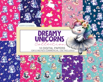 Unicorns seamless digital papers, digital seamless paper, dreamy unicorns, baby, pastel colors, ballerina for commercial use, 10 designs