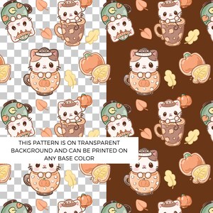 Puede incluir: Patrón repetitivo de gatos de dibujos animados en tazas de café, calabazas y hojas. Los gatos llevan sombreros y están rodeados de elementos otoñales. El texto indica que el patrón está sobre un fondo transparente.