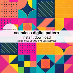 Puede incluir: Un vibrante patrón digital con un diseño geométrico de cuadrados y formas en rosa, naranja, amarillo, verde azulado y azul marino. El texto dice "patrón digital sin costuras, descarga instantánea, 30x30 cm uso comercial incluido."