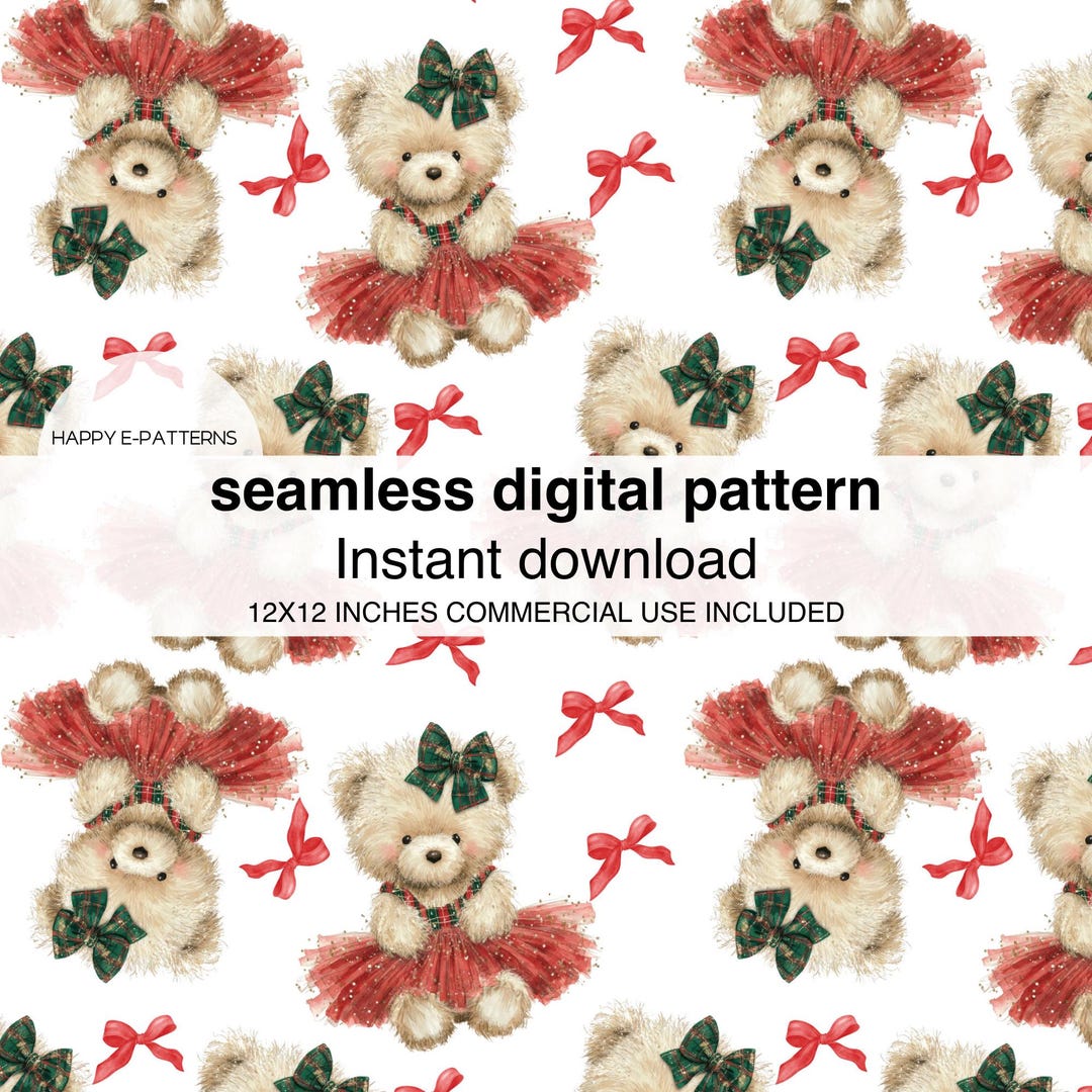 Christmas Teddy Bear Seamless Digital Pattern Cute Bear in Red Dress ...