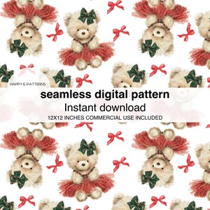 Puede incluir: Un patrón digital sin costuras con adorables osos de peluche con tutús rojos y lazos verdes, intercalados con lazos rojos sobre un fondo blanco. También es visible el texto "seamless digital pattern" y "Instant download".