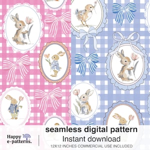 Puede incluir: Un patrón digital sin costuras con ilustraciones de acuarela de conejitos, pollitos y lazos sobre un fondo de cuadros rosas y azules. El diseño incluye marcos ovalados con bordes festoneados. El texto dice "patrón digital sin costuras" y "Descarga instantánea".