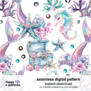 Puede incluir: Un patrón digital sin costuras con sirenas, caballitos de mar, estrellas de mar y conchas marinas en colores pastel. El diseño incluye un cofre del tesoro abierto y elementos florales. El texto dice "patrón digital sin costuras" y "descarga instantánea".
