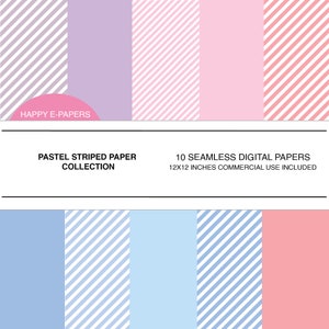 Puede incluir: Un conjunto de 10 papeles digitales con patrones de rayas pastel en varios colores, incluyendo rosa, azul y gris. Los papeles son de 30,5 x 30,5 cm y son para uso comercial.