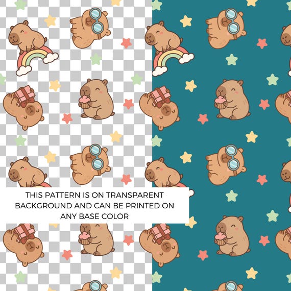 Kawaii Capybara Seamless Patter, Rainbow Digital Paper PNG 12x12in, Transparent Background for Fabric, Stickers & Sublimation