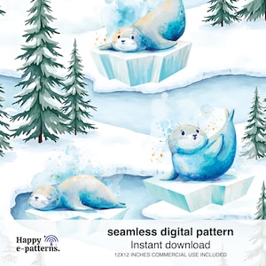 Puede incluir: Patrón digital sin costuras de acuarela con focas sobre témpanos de hielo, con pinos y un paisaje nevado. Las focas son de color azul claro y blanco. El patrón incluye el texto "seamless digital pattern" y "Instant download". El patrón es de 30,48 x 30,48 cm.