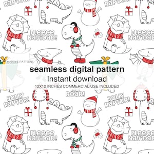Puede incluir: Un patrón digital sin costuras con dinosaurios de dibujos animados y muñecos de nieve con ropa de invierno. El diseño incluye elementos de texto como "Fleece Navidad!" y "Jolly Raptor!". El patrón es de 30,48 x 30,48 cm.