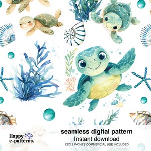 Puede incluir: Patrón digital sin costuras con ilustraciones de acuarela de tortugas marinas, conchas, estrellas de mar y algas en tonos azules, verdes y beige. El patrón incluye el texto "seamless digital pattern" y "Instant download". El diseño mide 30,48 cm x 30,48 cm.