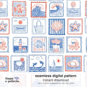 Puede incluir: Patrón digital sin costuras con ilustraciones náuticas rojas y azules, incluyendo peces, olas, conchas marinas y un faro. El diseño está compuesto por marcos cuadrados con bordes festoneados, creando una estética temática. El texto "Happy e-patterns" está en la esquina inferior izquierda.