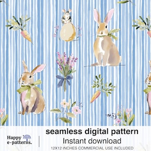 Puede incluir: Patrón digital sin costuras de acuarela con conejos, zanahorias, flores y un ratón sobre un fondo a rayas azules y blancas. El diseño incluye el texto "seamless digital pattern" y "Instant download". El patrón es de 30,5 x 30,5 cm.