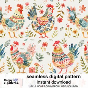 Puede incluir: Un patrón digital sin costuras con gallinas y elementos florales de estilo acuarela. Las gallinas están adornadas con intrincados patrones en tonos azules, naranjas y rosas. El texto "seamless digital pattern" y "Instant download" es visible.