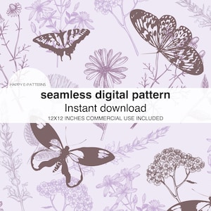 Puede incluir: Un patrón digital sin costuras con mariposas y elementos florales en tonos morados y marrones. El diseño incluye ilustraciones de mariposas, flores y follaje, con el texto "seamless digital pattern, instant download, 30.5x30.5 cm commercial use included."