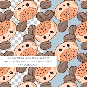 Puede incluir: Patrón repetido con donuts de dibujos animados sonrientes con granos de café. Los donuts son de color marrón claro con un centro marrón más oscuro y una cara sonriente. Los granos de café son de color marrón oscuro. El texto en la parte inferior dice: "ESTE PATRÓN ESTÁ SOBRE UN FONDO TRANSPARENTE Y SE PUEDE IMPRIMIR EN CUALQUIER COLOR BASE".