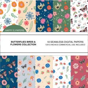 Puede incluir: Un conjunto de 10 papeles digitales con patrones sin costuras con mariposas, pájaros y flores. Los patrones incluyen una variedad de colores, incluyendo azul, verde, rosa, rojo y amarillo. Los papeles son de 12x12 pulgadas y son perfectos para manualidades, scrapbooking y otros proyectos creativos.  "BUTTERFLIES BIRDS & FLOWERS COLLECTION" y "10 SEAMLESS DIGITAL PAPERS 12X12 INCHES COMMERCIAL USE INCLUDED" están escritos en la imagen.