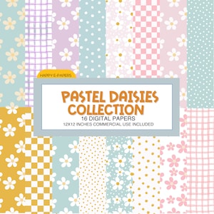 Puede incluir: Un paquete de papel digital con 16 patrones diferentes que presentan colores pastel y margaritas. Los patrones incluyen cuadros, lunares y diseños a cuadros. El texto "PASTEL DAISIES COLLECTION" y "16 DIGITAL PAPERS" está incluido en la imagen.