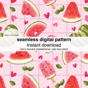 Puede incluir: Un patrón digital sin costuras con ilustraciones de acuarela de rodajas de sandía, corazones y hojas sobre un fondo de cuadrícula rosa. El texto dice "patrón digital sin costuras, descarga instantánea, 12x12 pulgadas uso comercial incluido."