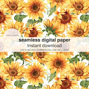 Puede incluir: Patrón de papel digital sin costuras con girasoles amarillos con centros marrones y hojas verdes sobre un fondo blanco. El texto "seamless digital paper" y "Instant download" se muestra en la imagen. El texto "12x12 inches commercial use included" también se muestra en la imagen.