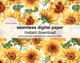 May include: Seamless digital paper pattern featuring yellow sunflowers with brown centers and green leaves on a white background. The text "seamless digital paper" and "Instant download" is displayed on the image. The text "12x12 inches commercial use included" is also displayed on the image.