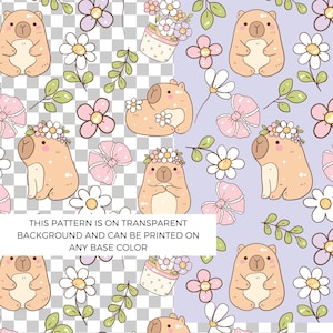 Puede incluir: Patrón repetitivo con osos de dibujos animados, flores y lazos en colores pastel. Los osos son de color canela con vientres blancos y coronas de flores. Las flores son blancas, rosas y moradas. El texto indica que el patrón está sobre un fondo transparente.