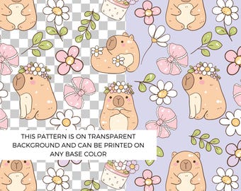 Cute Capybara Seamless Pattern | Floral Transparent PNG Background | Spring Kawaii Digital Paper | Baby Shower Clip Art