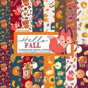 Puede incluir: Un conjunto de 16 papeles digitales con temas otoñales. Los papeles incluyen varios patrones con zorros, calabazas, hojas y otros elementos otoñales. Los papeles miden 30,5 x 30,5 cm y son para uso comercial.