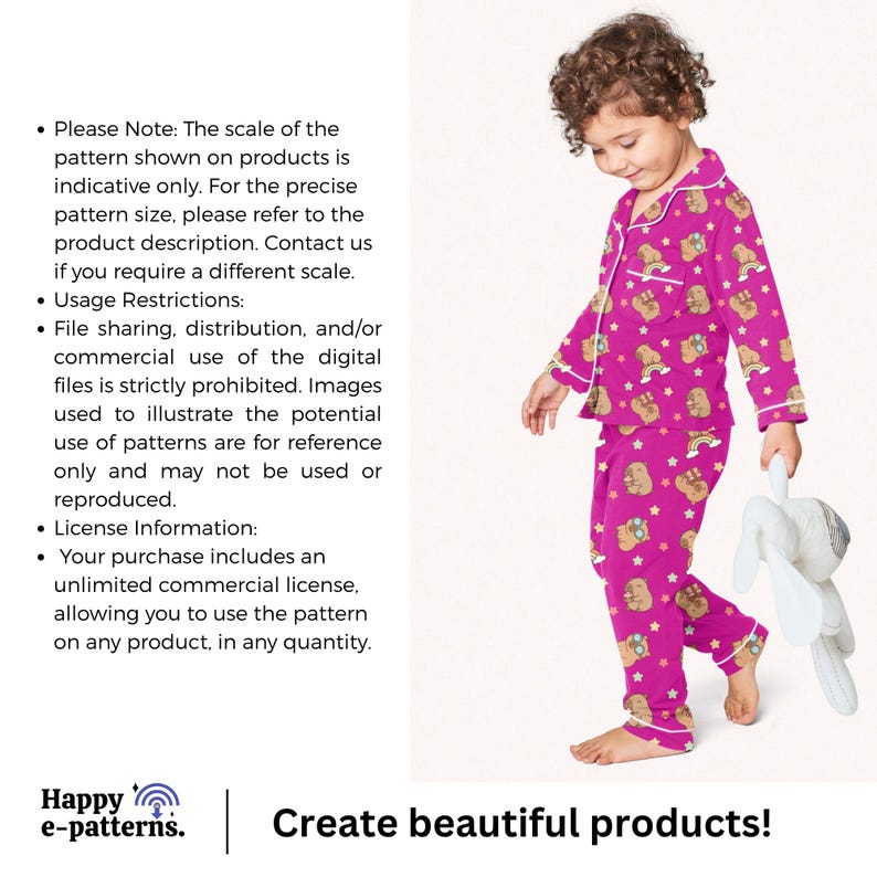 May include: A young child wearing pink pajamas with a repeating pattern of bears, stars, and rainbows. The pajamas have white trim and are paired with a white stuffed animal. The text "Create beautiful products!" is visible.