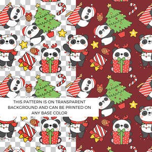 May include: A repeating pattern featuring cartoon pandas in festive holiday attire. The pandas are wearing Santa hats, reindeer antlers, and scarves, and are surrounded by Christmas trees, gifts, candy canes, and stars. The text in the image says: THIS PATTERN IS ON TRANSPARENT BACKGROUND AND CAN BE PRINTED ON ANY BASE COLOR.